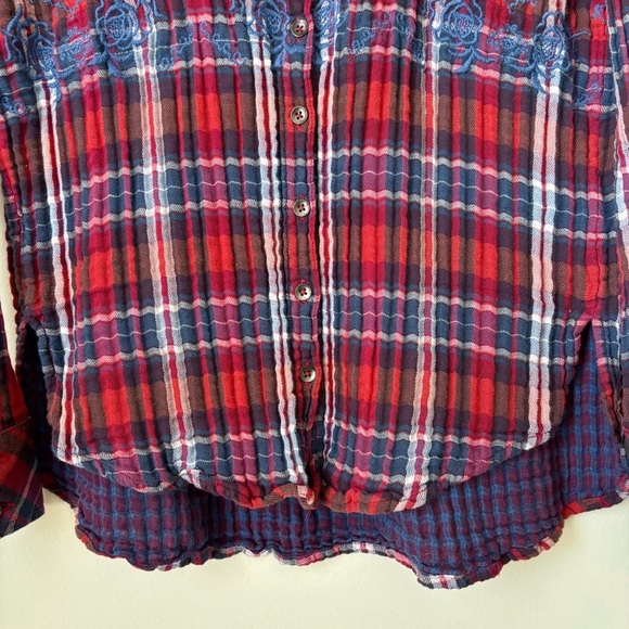 Free People Magical Plaid Shirt XS Embroidered Red Blue - Picture 4 of 8